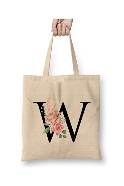 Toyaso Γράμμα W Λευκή υφασμάτινη τσάντα με μακριά λαβή Τσάντα αγορών Τσάντα π...