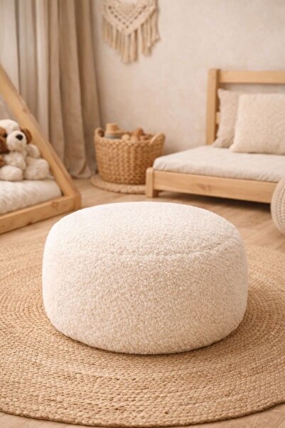 Cherry Bloom Cotton Yuvarlak Teddy Bohem Puf 50 cm ÇAP x 30 Cm Yükseklik