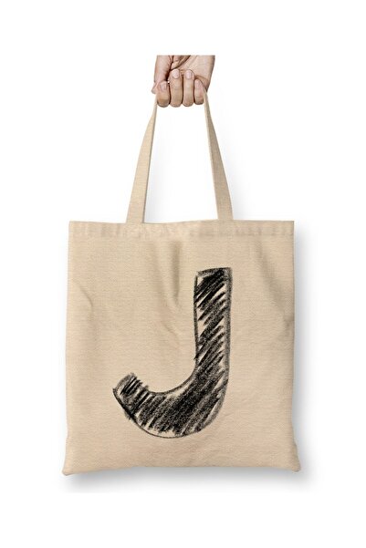 Toyaso Letter J White Cloth Bag Long Handle Shopping Bag Beach Bag