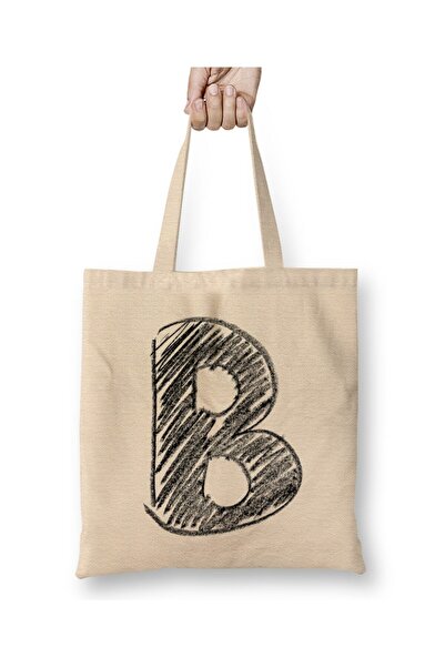 Toyaso Letter B White Cloth Bag Long Handle Shopping Bag Beach Bag