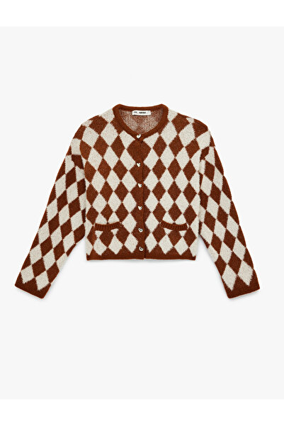 Koton Crew Neck Heart Button Pocket Diamond Pattern Knitwear Cardigan