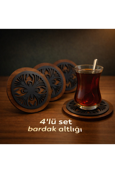 4'lü Derinlik Motifli Ahşap Bardak Altlığı