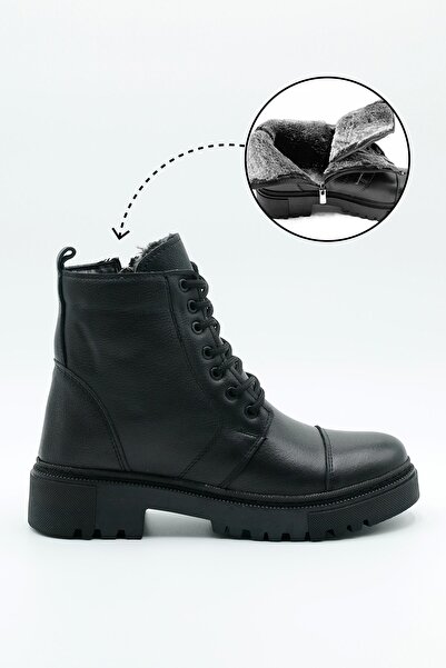 İncim Black Genuine Leather Fur Lining Cold Resistant Water Resistant Women's...