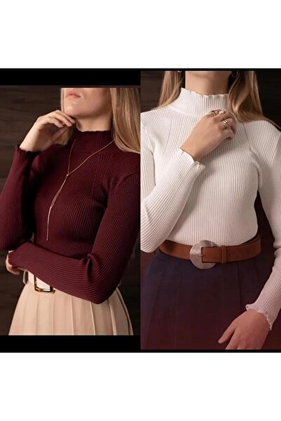 Muhtalif Markalar Kadın Bordo Yarım Balıkçı Yaka Standart Triko Badi