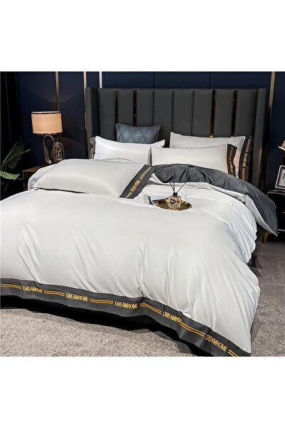 Arabest Luxury Bedding Set, Ice Silk 4-Piece, White and Grey with Gold Trim, ...