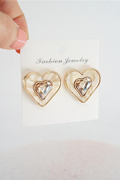 Özce Women's Vip Series Pearlescent Zircon Stone Heart Model Enamel Earrings Set