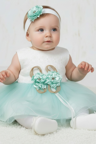 Rocha Baby Rocha Baby Girl Mint Green Long Sleeve Floral Mevlüt Dress - 4-Pie...