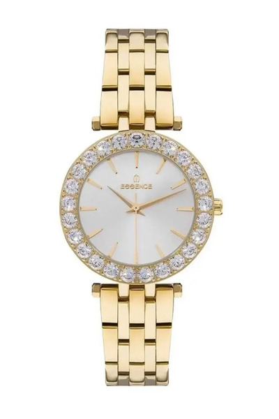 Essence Kadın Kol Saati 35 mm Taşlı Kasa Beyaz Kadran Altın Kordon 5 ATM
