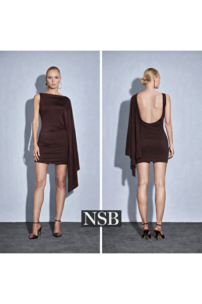 Nsb Tasarım Nsb Shawl Sleeve Detailed One Shoulder Backless Stylish Mini Dress