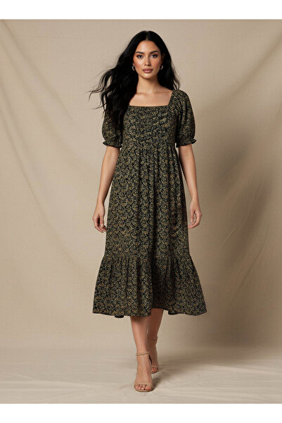 FAV Floral Print Midi Dress with Square Neck