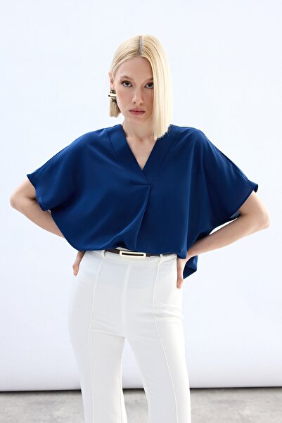 Sateen Wide Short Sleeve Blouse - Indigo