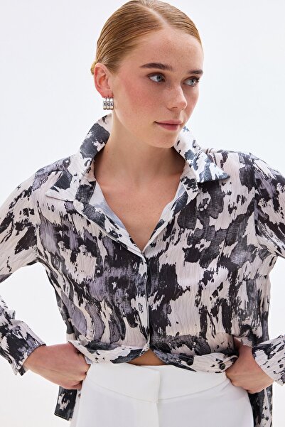 Sateen Риза с шарки и прав крой - черна