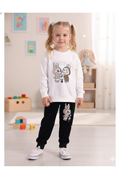kidello Ecru Velvet Girls' Tracksuit Set Little Monster Printed Ages 3-4 and ...