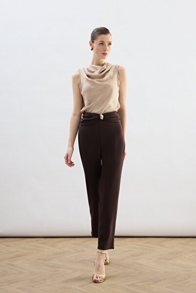 Sateen Pants with Waist Accessories - Brown