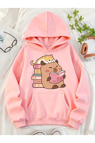 PENTHİLUS Cat and Book Printed Unisex Sweatshirt - Oversized Hoodie - 3-Threa...