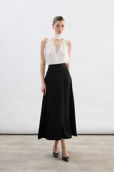 Sateen talie înaltă Fusta din satin - Negru