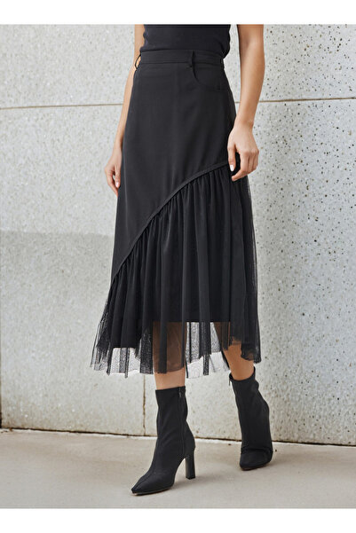 2Xtremz Midi Polyester Mesh Skirt with Asymmetrical Hemline