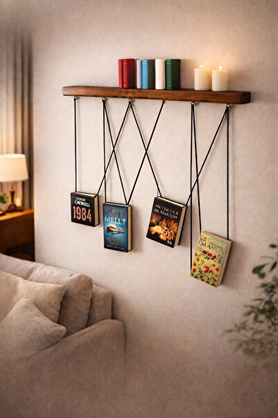 Woodymoda Kitap Duvar Dekor İpli Asma Kitap Uçan Rafı (Duvar Tipi)