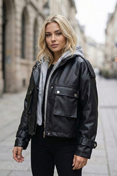 FAMODA Women's Epaulet Oversized Black Leather Jacket