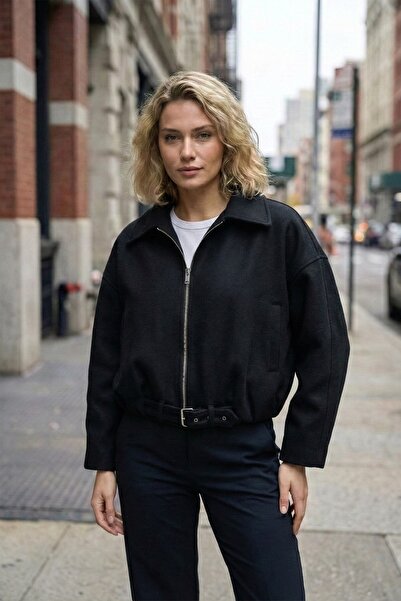 FAMODA سترة نسائية سوداء بحزام وسحاب