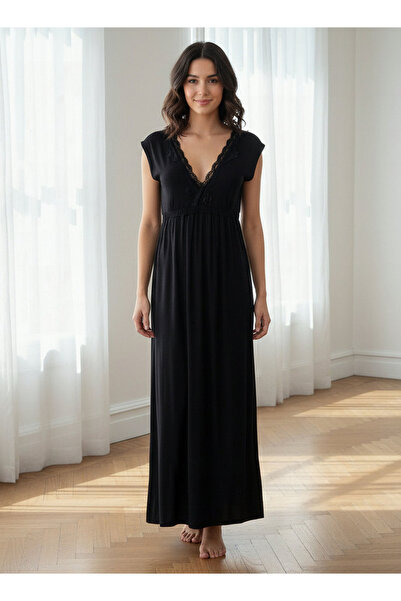 Aadaraya Night Gown Short Sleeves Lace Trim