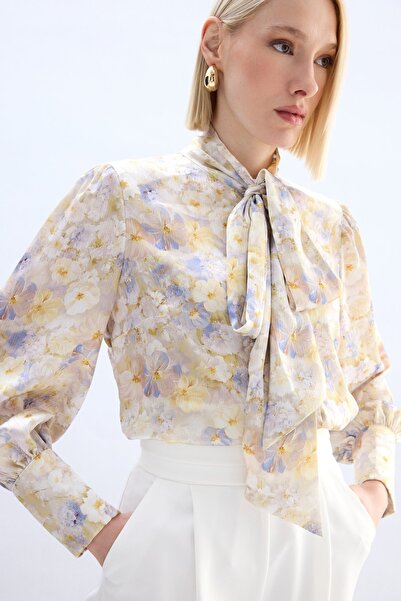 Sateen Floral Patterned Scarf Shirt - Yellow
