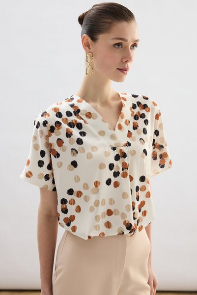 Sateen Polka Dot Patterned Casual Blouse - Beige-Brown