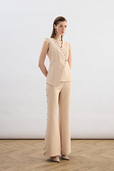 Sateen Pants with Pearl Accessories on the Sides - Beige
