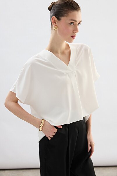Sateen Wide Short Sleeve Blouse - Ecru
