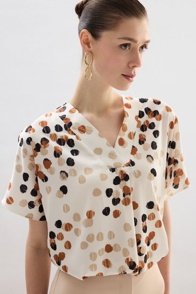 Sateen Polka Dot Patterned Casual Blouse - Beige-Brown