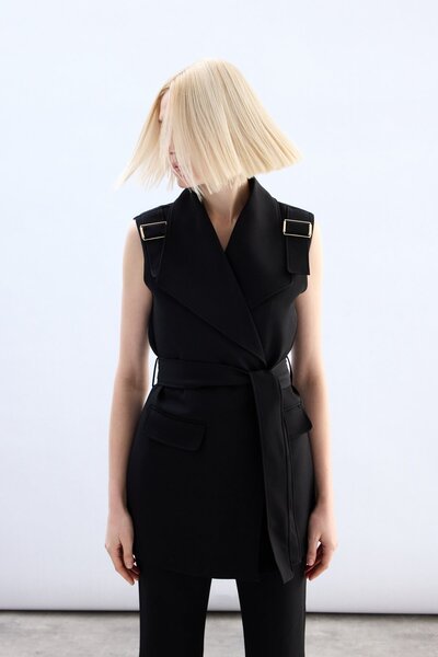 Sateen Belted Vest with Shoulder Accessories - Black