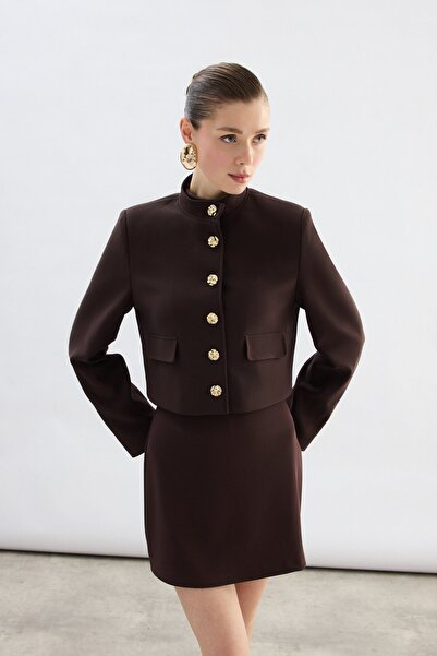 Sateen Buttoned Short Jacket - Brown