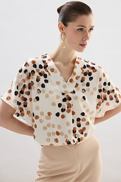 Sateen Polka Dot Patterned Casual Blouse - Beige-Brown