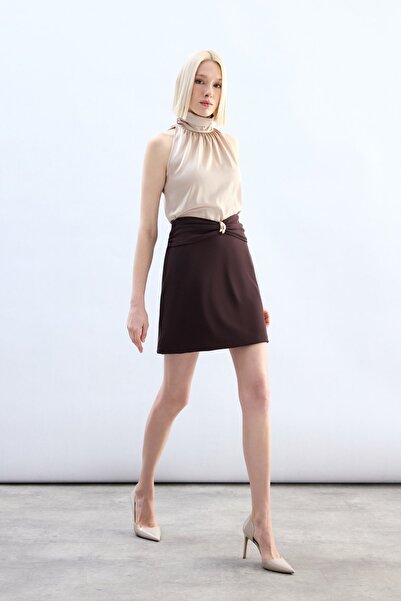 Sateen Mini Skirt with Belt Accessory - Brown