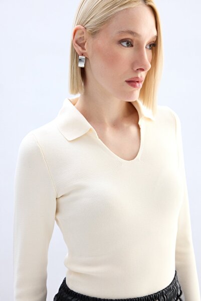 Sateen Polo Neck Knitwear - Ecru
