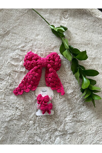 YamanCo Store El Yapımı Anne & Kız Uyumlu Pembe Örgü Fiyonk Toka Seti
