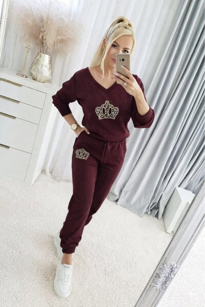 JANES طقم نسائي مكون من بلوزة وبنطلون من الفيسكوز المزخرف بأكمام طويلة وياقة ...