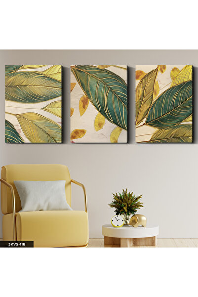 Evinemoda Frunze aurii cu detalii aurii, pânză în 3 piese - Tablou pe pânză