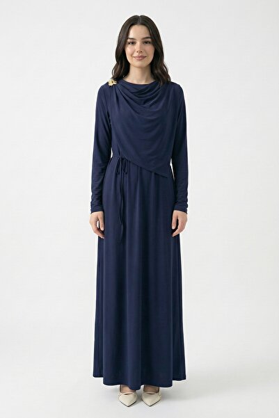InStyle Navy Blue Sandy Dress with Shawl Tie and Brooch