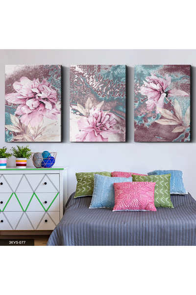 Evinemoda Roze cveće sa plavim detaljima, 3-dijelni platno - Slika na platnu