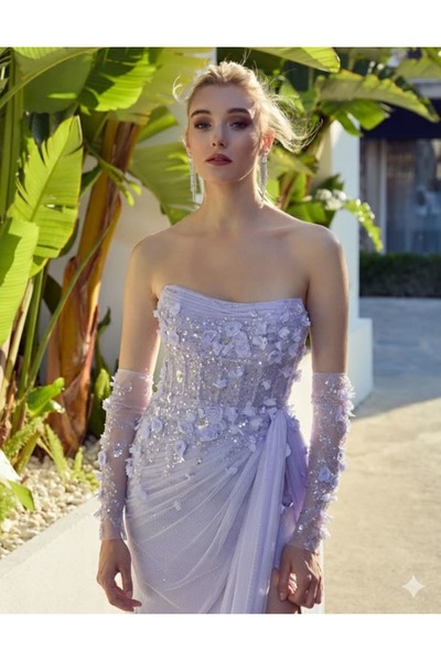 Hanımefendi Giyim Sparkling Long Evening Dress with Three-Dimensional Floral ...