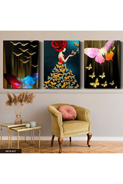 Evinemoda Zlatni leptiri 3-dijelni platno - Slika na platnu