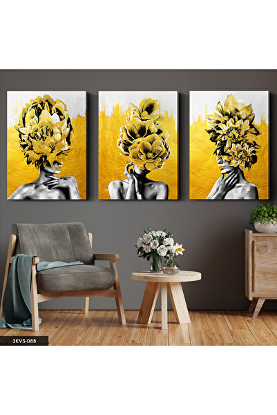 Evinemoda Γυναικείο πορτρέτο με χρυσά λουλούδια 3 τεμάχια σε καμβά - Πίνακας ...