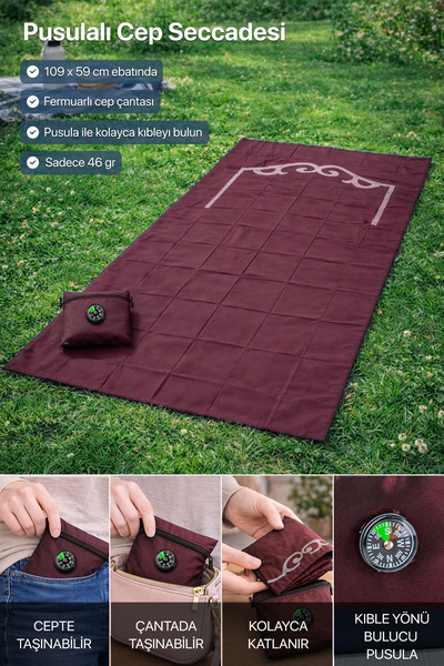 ihvan online Pocket Prayer Rug with Compass - Burgundy