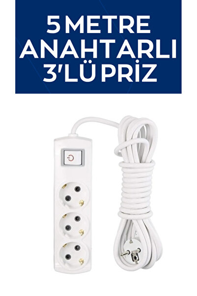 Lunitech 5 Metre Anahtarlı Kablolu Topraklı Ara Kablosu Uzatmalı Seyyar 3lü G...