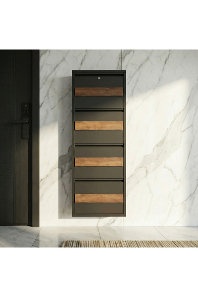 Formet Kilitli 4'lü Metal Ayakkabılık - Antrasit Ral - 7016 MDF CEVİZ