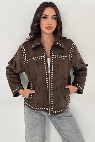 AsprinFashion معطف من جلد الغزال مع تفاصيل مزينة بالمسامير وبطانة من الفرو