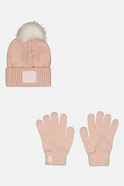 Dkny Jeans Kids Girl 2 Pcs Corchet Beanie And 1 Pair Gloves Set, Pink