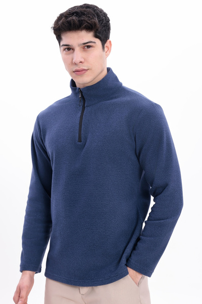 Gizrain Erkek Lacivert Dik Yaka Yarım Fermuarlı Basic Sweatshirt