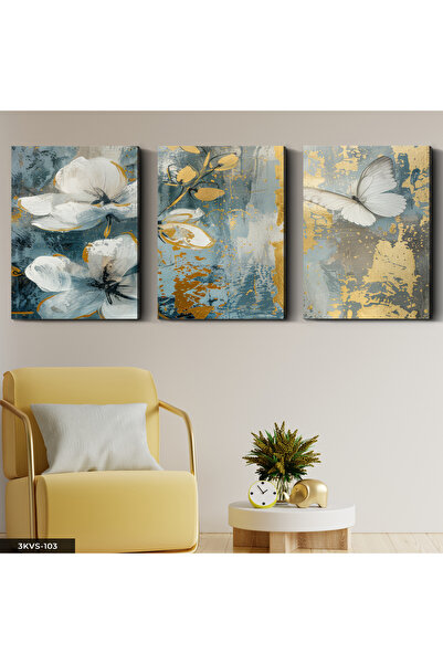 Evinemoda Златно детайлно цвете и пеперуда, 3-частна платно - Платно за рисуване
